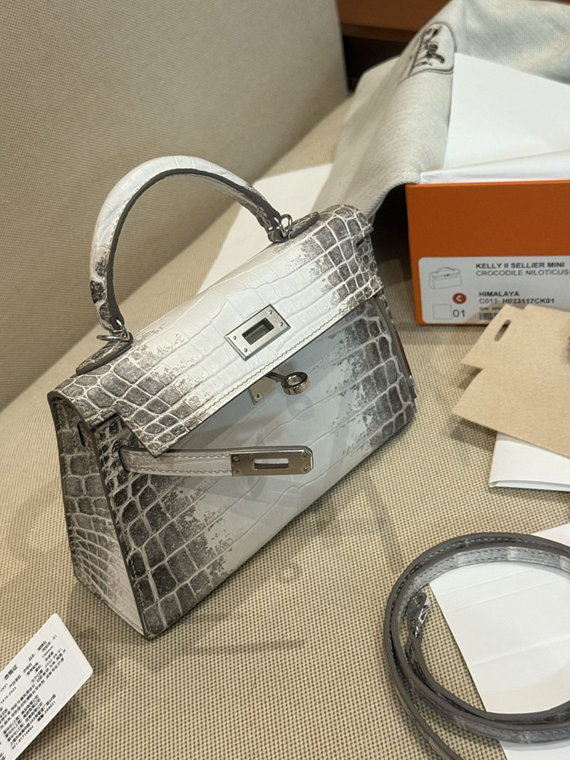 エルメスコピー ミニケリー 定価 HERMES ケリーミニ2 外縫い ヒマラヤ クロコダイル ニロティカスマット シルバー金具 2524199 - 画像 (7)