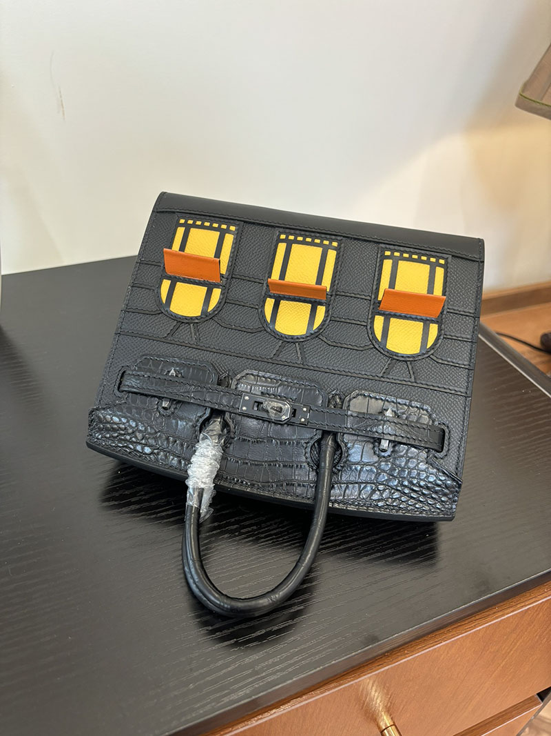 バーキン20 定価 HERMES バーキン 20 セリエ クロ×ジョーヌアンブル×オレンジ ヴォー・マダム×アリゲーターマット×スイフト シルバー金具 2524378 - 画像 (5)