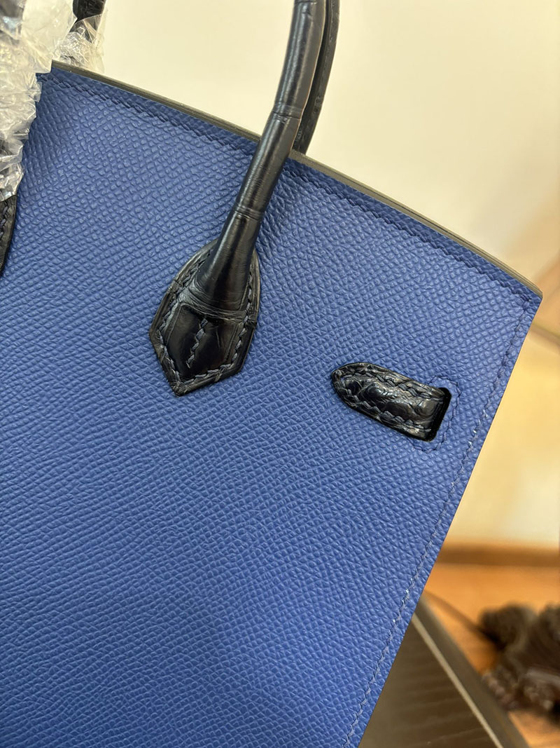 バーキン20 定価 HERMES バーキン 20 セリエ ディープブルー×ブルーマリン×ブルーインディゴ ヴォー・マダム×アリゲーターマット×スイフト シルバー金具 2524380 - 画像 (6)
