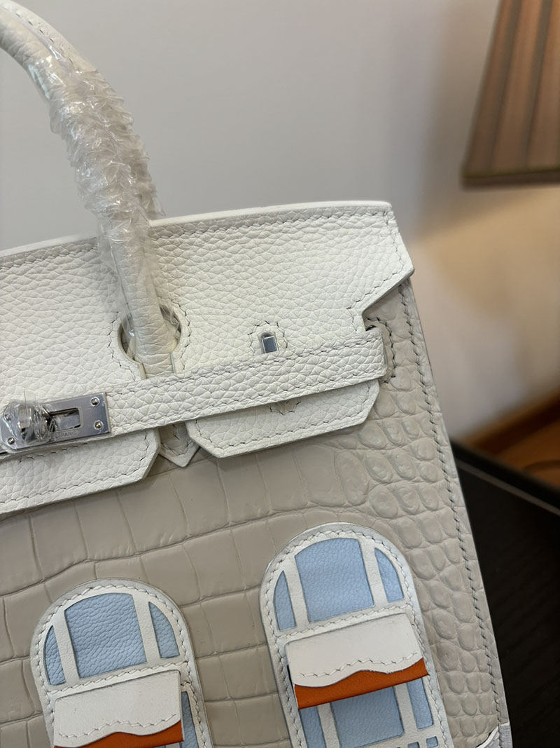 バーキン20 定価 HERMES バーキン 20 セリエ べトン×ホワイト×オレンジ クロコダイルアリゲーターマット×トリヨンクレマンス×スイフト シルバー金具 2524381 - 画像 (7)