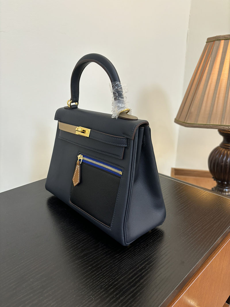 エルメス HERMES ケリー25 カラーマティック 内縫い クロ×チャイ×エトゥープ×ゴールド×ブルー ヴォー・スイフト ゴールド金具 2524464 - 画像 (9)