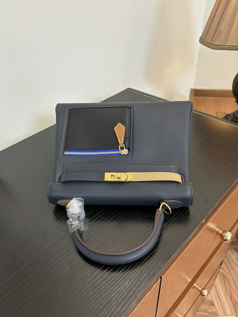 エルメス HERMES ケリー25 カラーマティック 内縫い クロ×チャイ×エトゥープ×ゴールド×ブルー ヴォー・スイフト ゴールド金具 2524464 - 画像 (7)