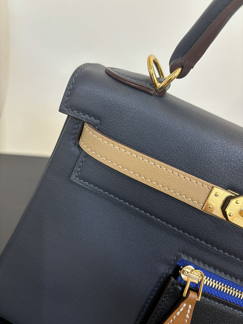 エルメス HERMES ケリー25 カラーマティック 内縫い クロ×チャイ×エトゥープ×ゴールド×ブルー ヴォー・スイフト ゴールド金具 2524464 - 画像 (5)