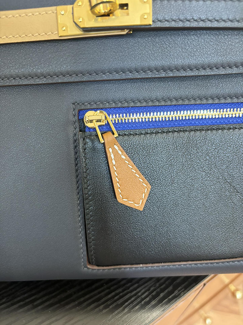 エルメス HERMES ケリー25 カラーマティック 内縫い クロ×チャイ×エトゥープ×ゴールド×ブルー ヴォー・スイフト ゴールド金具 2524464 - 画像 (4)