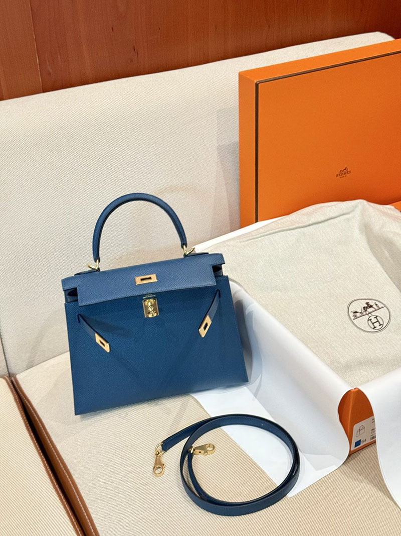 レディース エルメス バッグ HERMES ケリー25 外縫い ディープブルー ヴォーエプソン ゴールド金具 2526022 - 画像 (3)