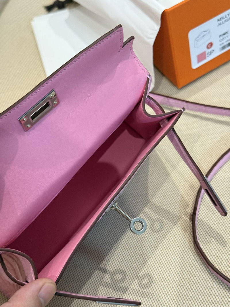 レディース エルメス バッグ HERMES ケリーミニ2 外縫い ピンク クロコダイル シルバー金具 2526028 ミニケリー クロコ 定価 - 画像 (7)
