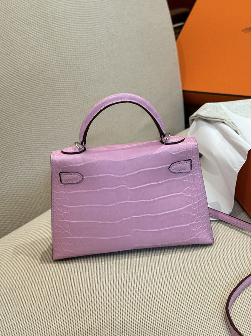 レディース エルメス バッグ HERMES ケリーミニ2 外縫い ピンク クロコダイル シルバー金具 2526028 ミニケリー クロコ 定価 - 画像 (6)