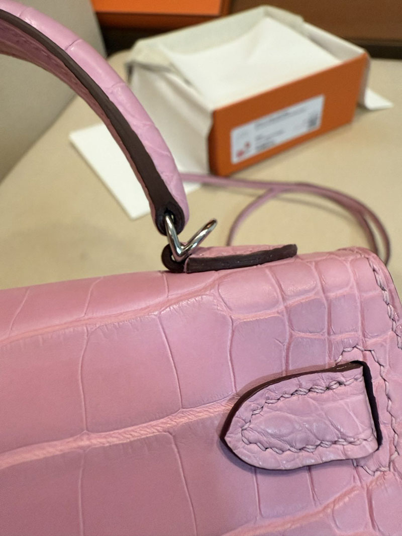 レディース エルメス バッグ HERMES ケリーミニ2 外縫い ピンク クロコダイル シルバー金具 2526028 ミニケリー クロコ 定価 - 画像 (4)