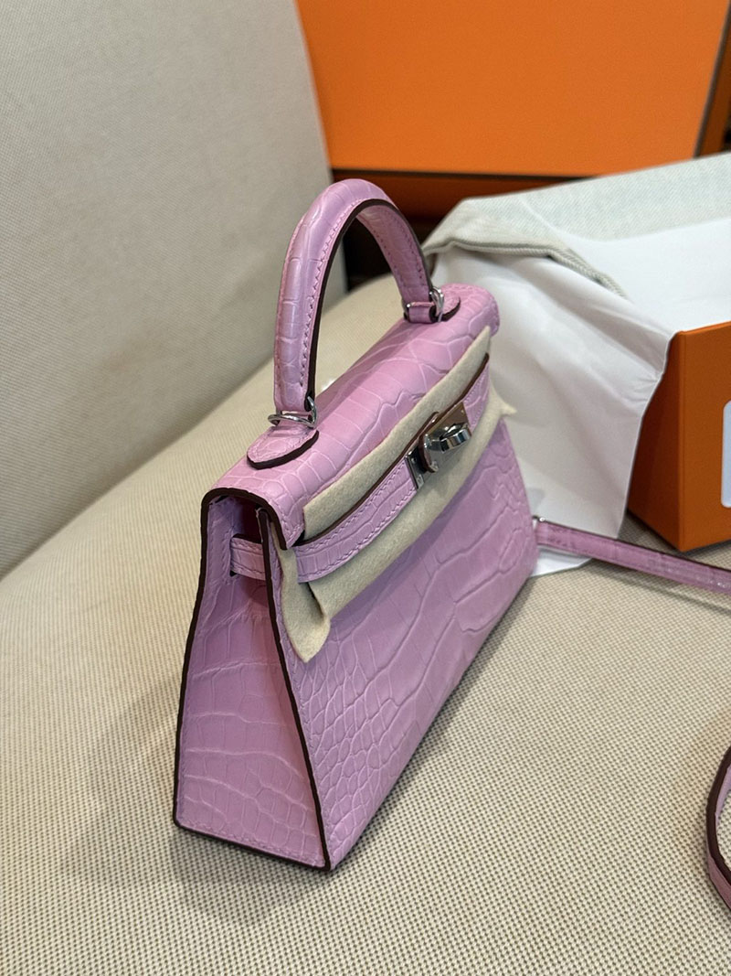 レディース エルメス バッグ HERMES ケリーミニ2 外縫い ピンク クロコダイル シルバー金具 2526028 ミニケリー クロコ 定価 - 画像 (3)