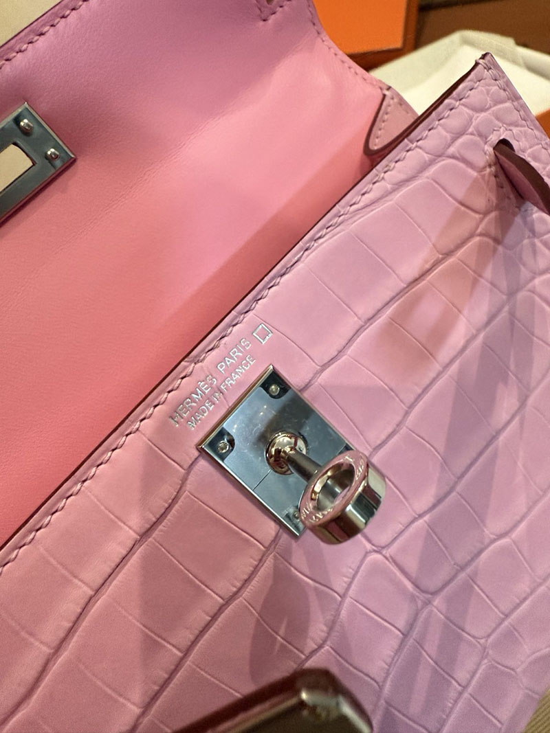 レディース エルメス バッグ HERMES ケリーミニ2 外縫い ピンク クロコダイル シルバー金具 2526028 ミニケリー クロコ 定価 - 画像 (2)