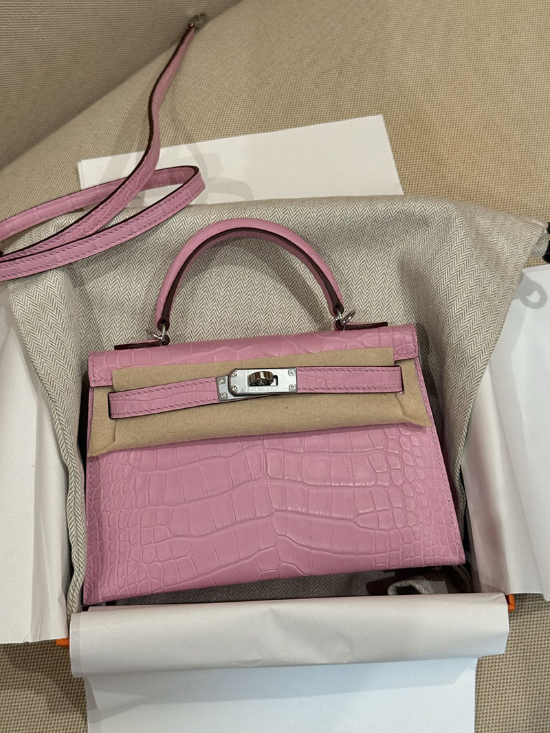 レディース エルメス バッグ HERMES ケリーミニ2 外縫い ピンク クロコダイル シルバー金具 2526028 ミニケリー クロコ 定価 - 画像 (18)