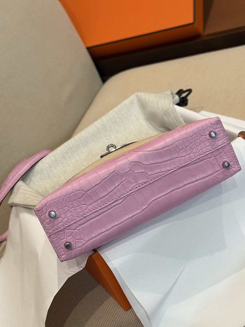 レディース エルメス バッグ HERMES ケリーミニ2 外縫い ピンク クロコダイル シルバー金具 2526028 ミニケリー クロコ 定価 - 画像 (17)