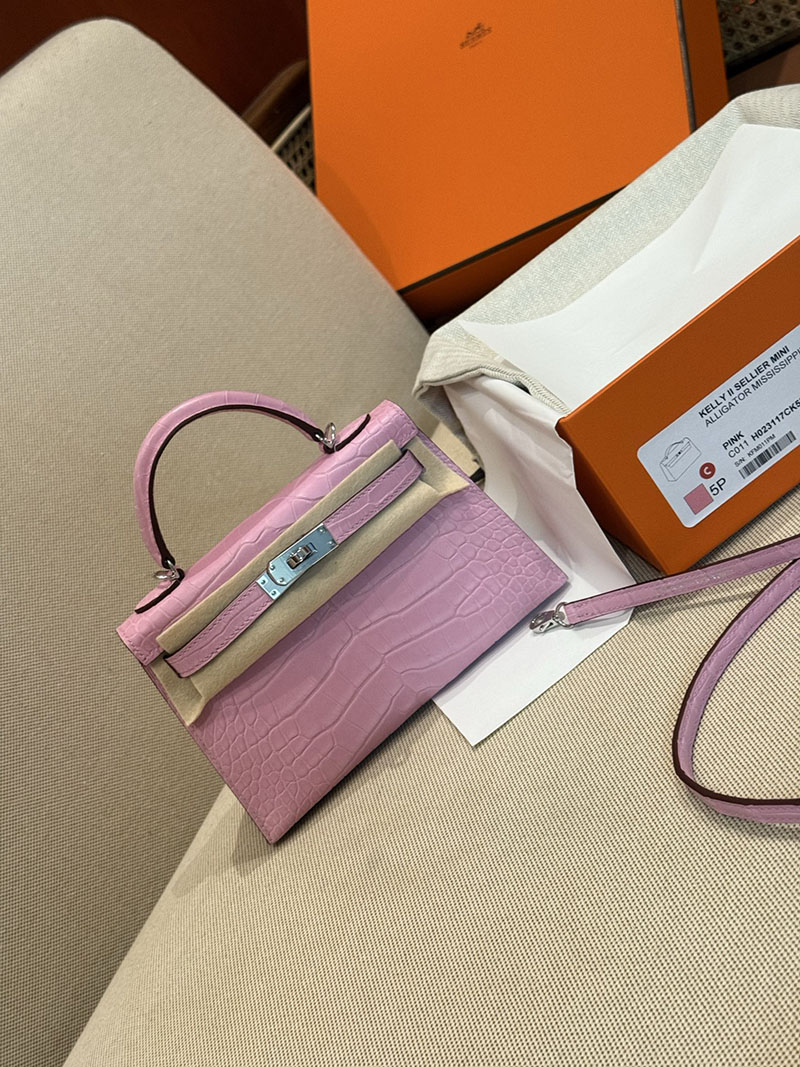 レディース エルメス バッグ HERMES ケリーミニ2 外縫い ピンク クロコダイル シルバー金具 2526028 ミニケリー クロコ 定価 - 画像 (16)