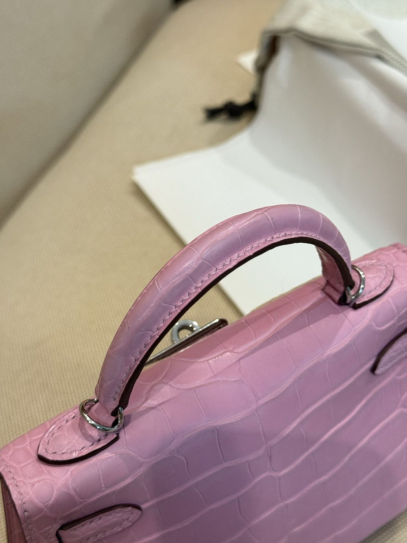 レディース エルメス バッグ HERMES ケリーミニ2 外縫い ピンク クロコダイル シルバー金具 2526028 ミニケリー クロコ 定価 - 画像 (15)