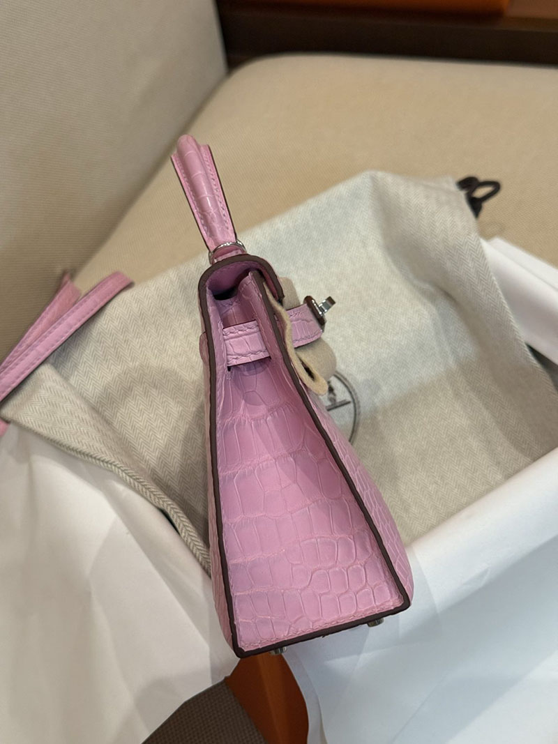 レディース エルメス バッグ HERMES ケリーミニ2 外縫い ピンク クロコダイル シルバー金具 2526028 ミニケリー クロコ 定価 - 画像 (14)