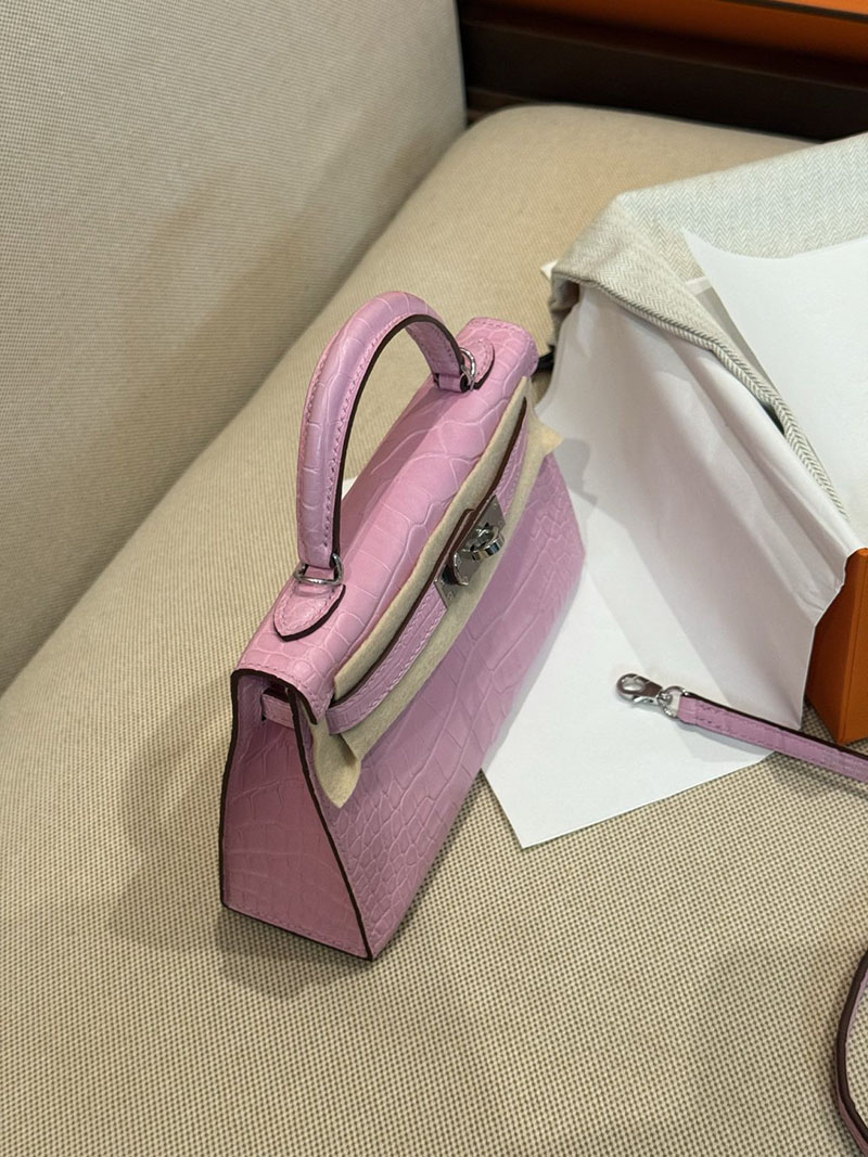 レディース エルメス バッグ HERMES ケリーミニ2 外縫い ピンク クロコダイル シルバー金具 2526028 ミニケリー クロコ 定価 - 画像 (13)
