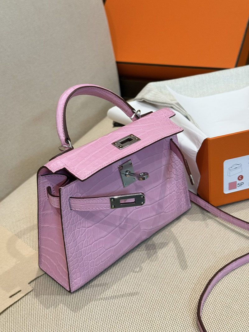 レディース エルメス バッグ HERMES ケリーミニ2 外縫い ピンク クロコダイル シルバー金具 2526028 ミニケリー クロコ 定価 - 画像 (12)