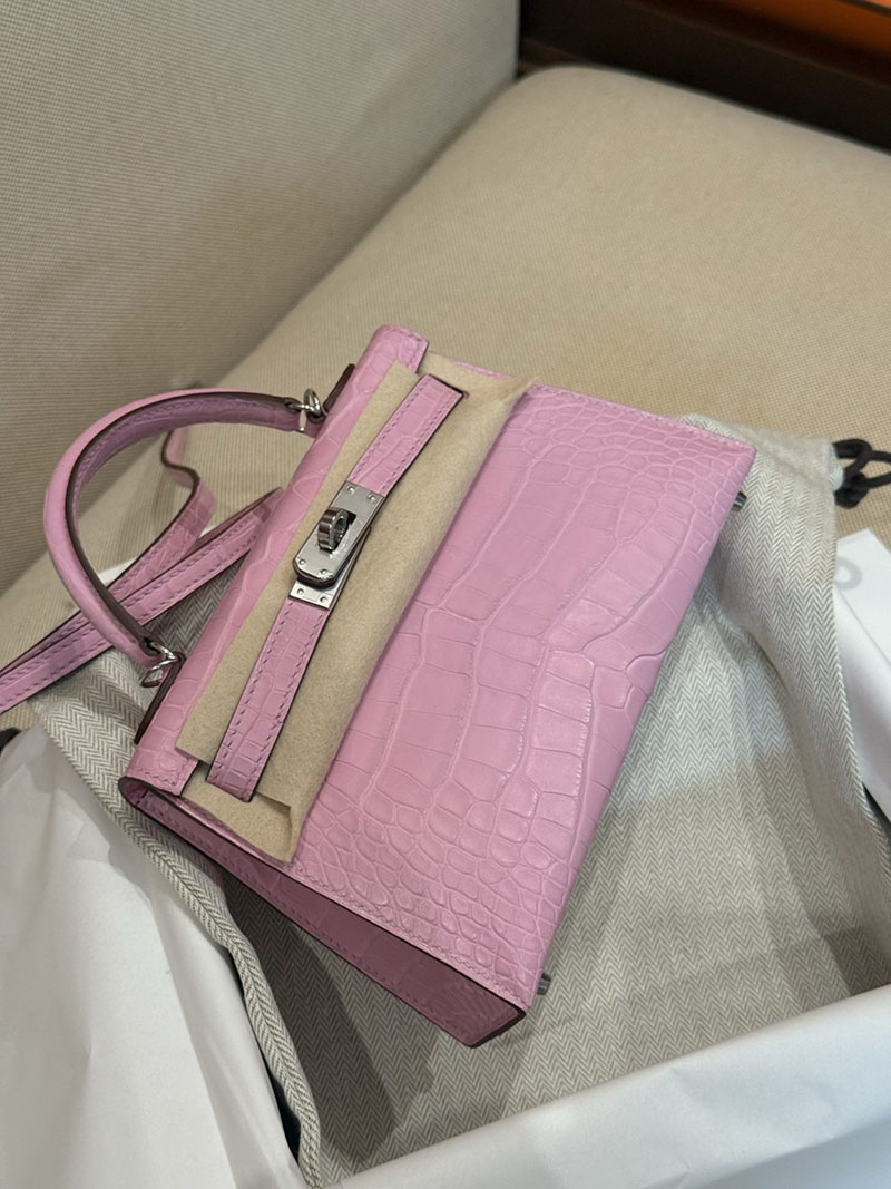 レディース エルメス バッグ HERMES ケリーミニ2 外縫い ピンク クロコダイル シルバー金具 2526028 ミニケリー クロコ 定価 - 画像 (11)