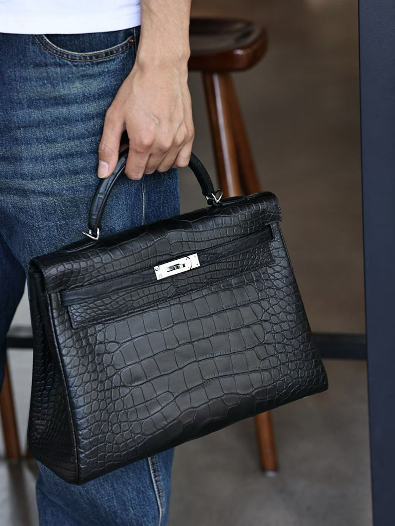 エルメス メンズ ショルダーバッグ HERMES ケリー35cm 内縫い 黒 ブラック クロコダイル シルバー金具 2627484 エルメス専門店 おすすめ - 画像 (6)