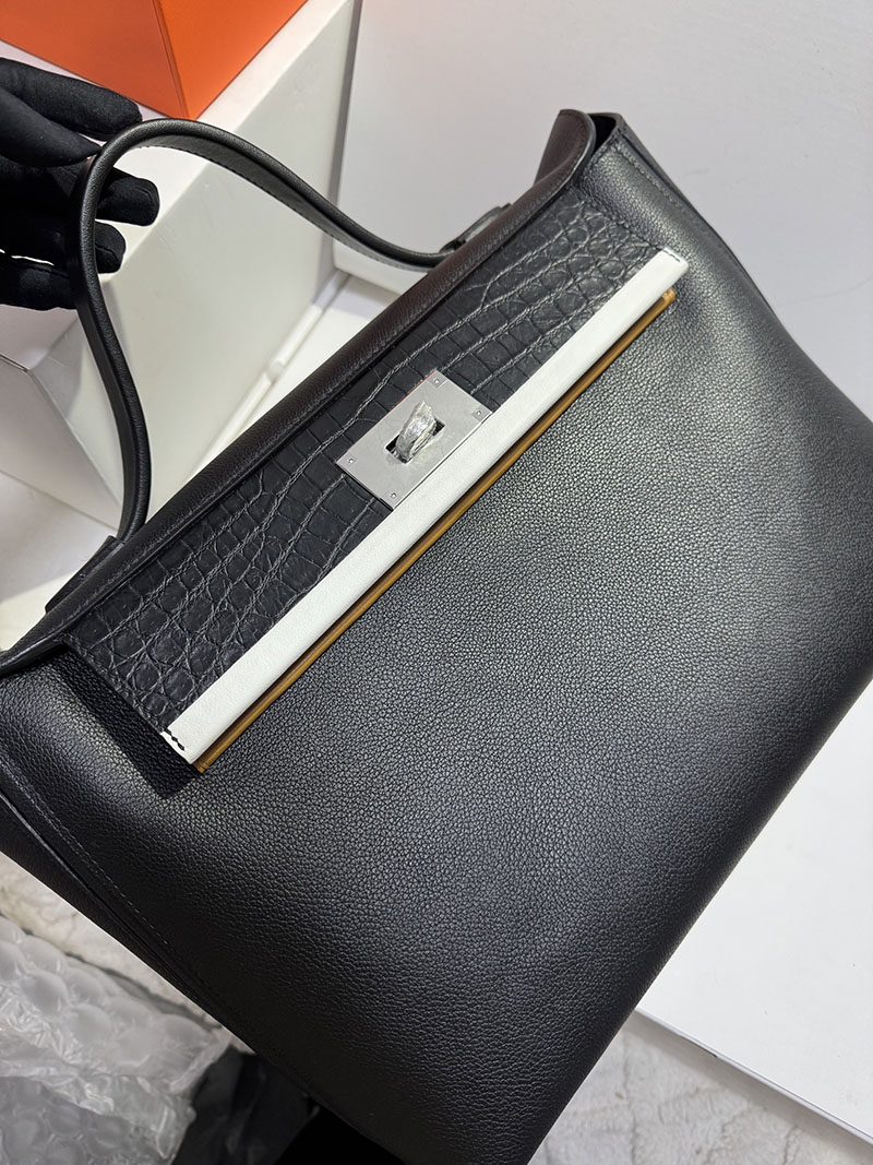 今流行りの バック レディース HERMES サック24/24 35 ヴァンキャトル ブラック/ナタ/ゴールド ヴォー・ヴォリュプト/クロコダイル シルバー金具 2627555 - 画像 (2)