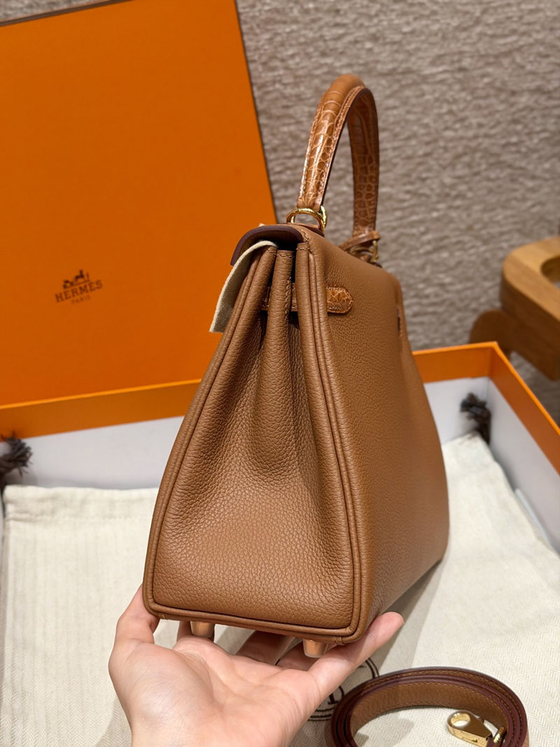 ケリー風バッグ 本革 HERMES ケリー25 内縫い ゴールド トゴ/クロコダイル ゴールド金具 2627560 エルメス アウトレット 店舗 - 画像 (8)