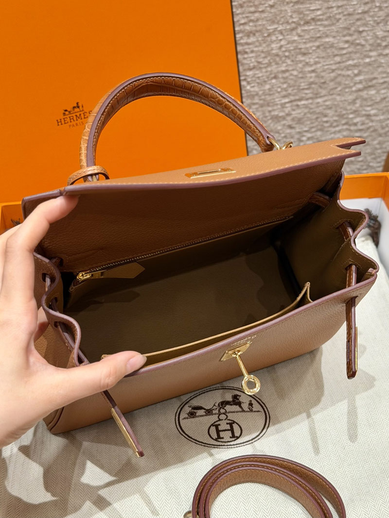 ケリー風バッグ 本革 HERMES ケリー25 内縫い ゴールド トゴ/クロコダイル ゴールド金具 2627560 エルメス アウトレット 店舗 - 画像 (3)