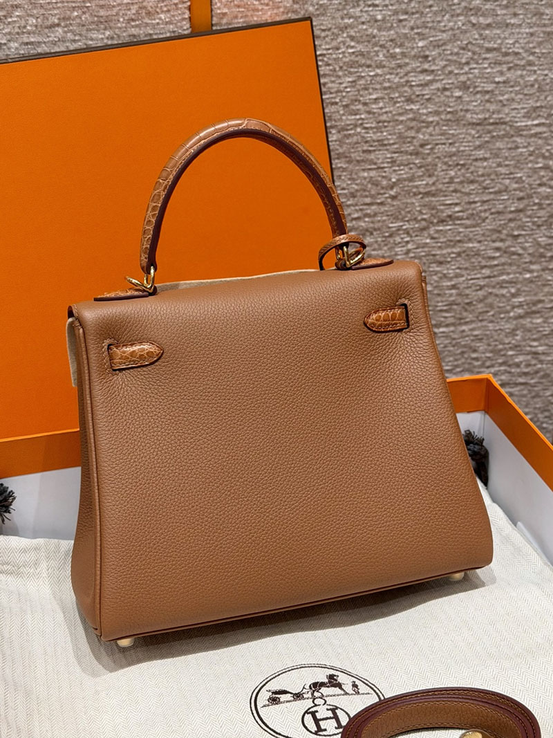 ケリー風バッグ 本革 HERMES ケリー25 内縫い ゴールド トゴ/クロコダイル ゴールド金具 2627560 エルメス アウトレット 店舗 - 画像 (2)