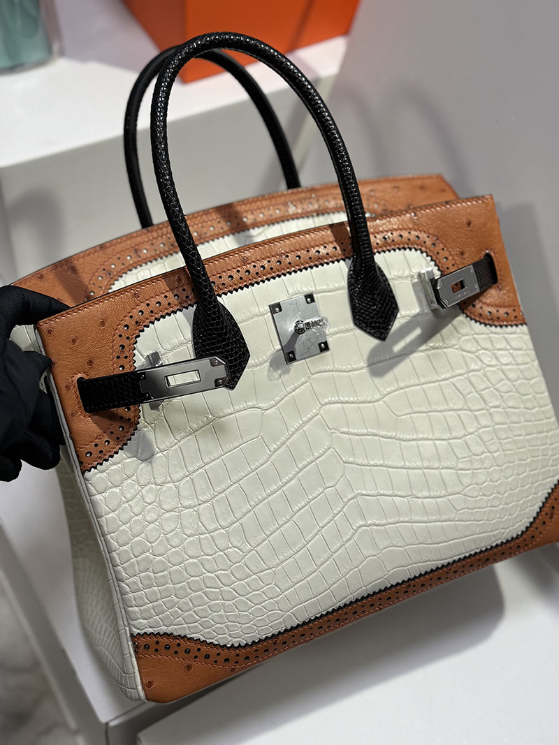 エルメスクロコバーキン定価 HERMES バーキン30 ベトン/ゴールド オーストリッチ/クロコダイル シルバー金具 2627681 エルメス 海外通販 - 画像 (8)