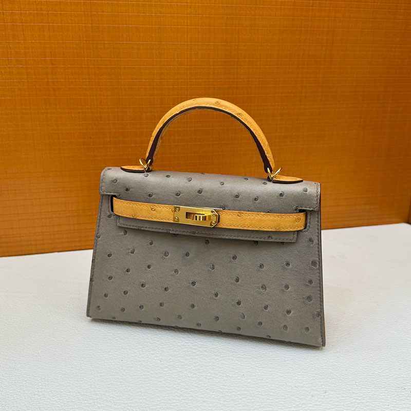 ミニケリー 定価 HERMES ケリーミニ2 外縫い トゥルティールグレー/サフラン オーストリッチ ゴールド金具 2627795 エルメス 新作バッグ - 画像 (9)