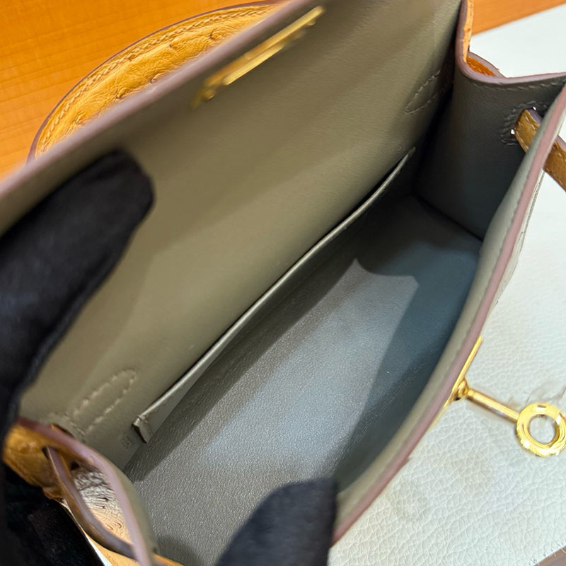 ミニケリー 定価 HERMES ケリーミニ2 外縫い トゥルティールグレー/サフラン オーストリッチ ゴールド金具 2627795 エルメス 新作バッグ - 画像 (6)