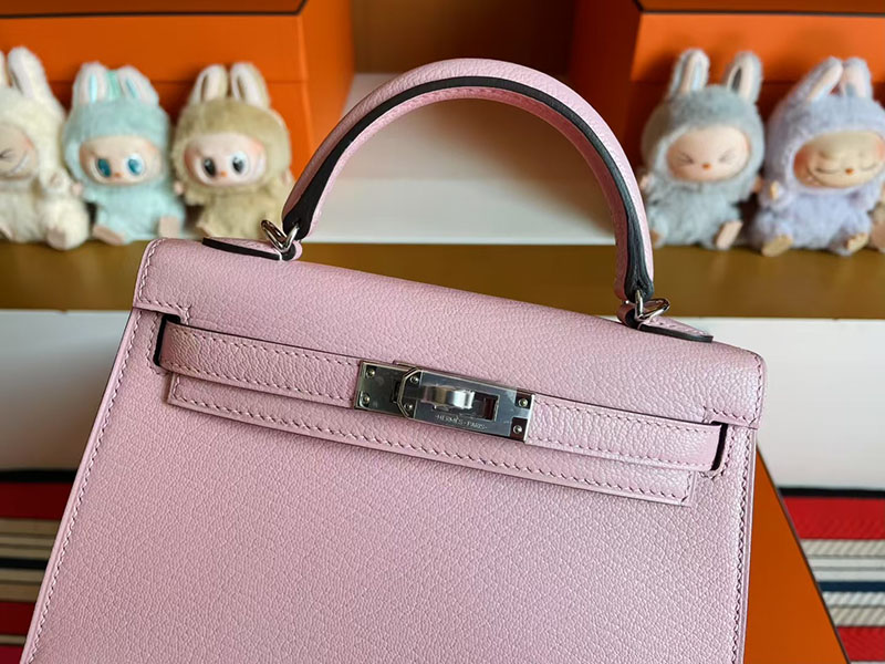 手提げバッグ 小さめ ブランド HERMES ケリーミニ2 外縫い ローズサクラ シェブルミゾル シルバー金具 2627810 エルメス 新作バッグ - 画像 (8)