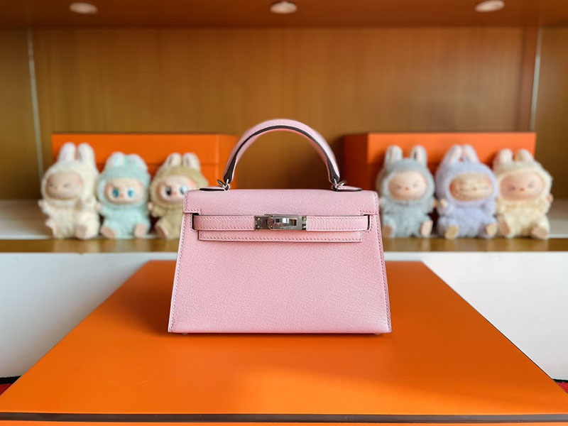 手提げバッグ 小さめ ブランド HERMES ケリーミニ2 外縫い ローズサクラ シェブルミゾル シルバー金具 2627810 エルメス 新作バッグ - 画像 (6)