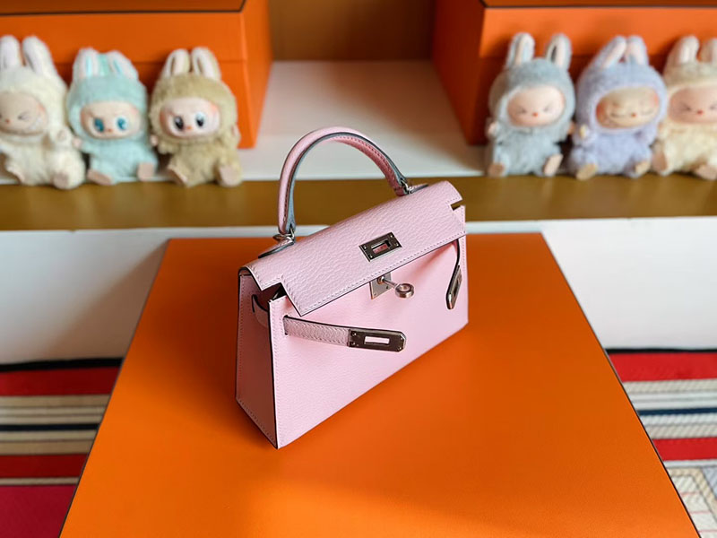 手提げバッグ 小さめ ブランド HERMES ケリーミニ2 外縫い ローズサクラ シェブルミゾル シルバー金具 2627810 エルメス 新作バッグ - 画像 (2)