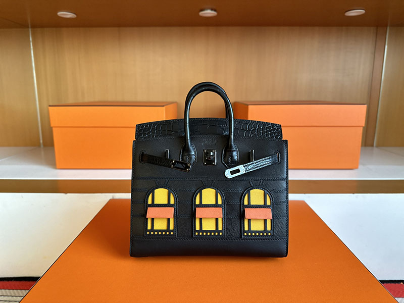 HERMES バーキン20cm セリエ フォーブル ミッドナイト クロ×ジョーヌアンブル×オレンジ ヴォー・マダム×クロコダイル アリゲーターマット×スイフト ブラック金具 2627855 - 画像 (9)