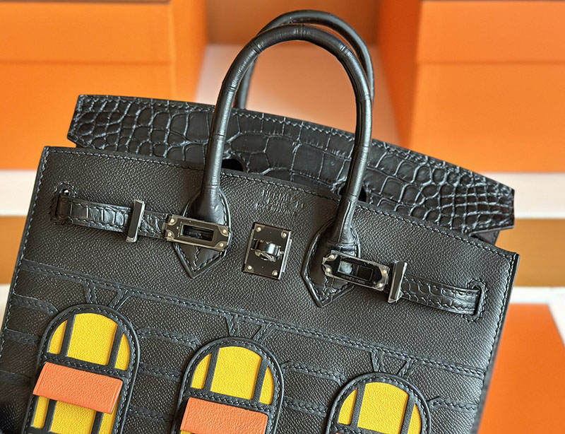 HERMES バーキン20cm セリエ フォーブル ミッドナイト クロ×ジョーヌアンブル×オレンジ ヴォー・マダム×クロコダイル アリゲーターマット×スイフト ブラック金具 2627855 - 画像 (7)