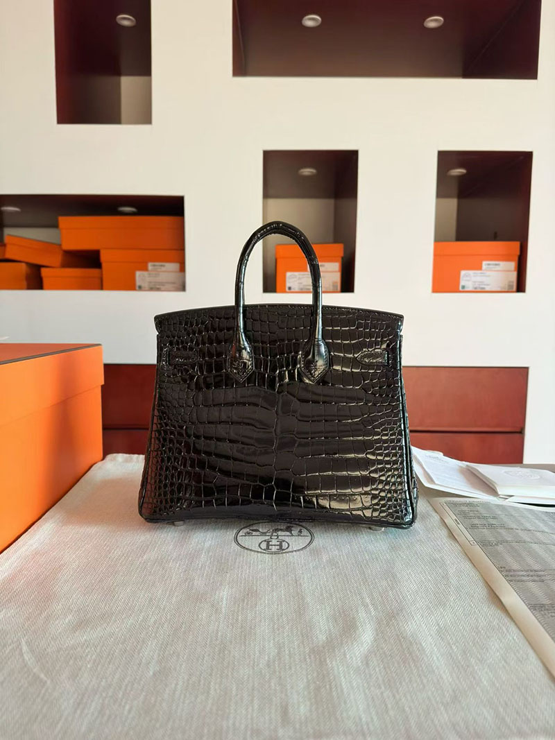 エルメス バーキンバッグ HERMES バーキン30 黒 ブラック クロコダイル ポロサスマット シルバー金具 2630346 エルメス バーキン クロコ 黒 - 画像 (4)