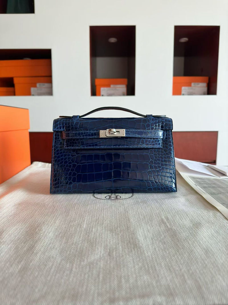 エルメス ポシェットケリーバッグ HERMES ポシェットケリー ブルーアビス クロコダイル シルバー金具 2630349 エルメス ケリー 定価 - 画像 (8)