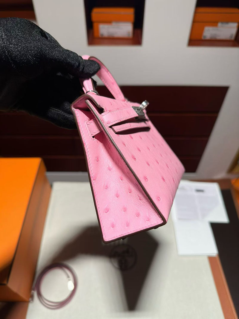 エルメス ケリーミニバッグ HERMES ケリーミニ2 外縫い ローズバブルガム ピンク オーストリッチ シルバー金具 2630368 エルメス バッグ ピンク - 画像 (8)