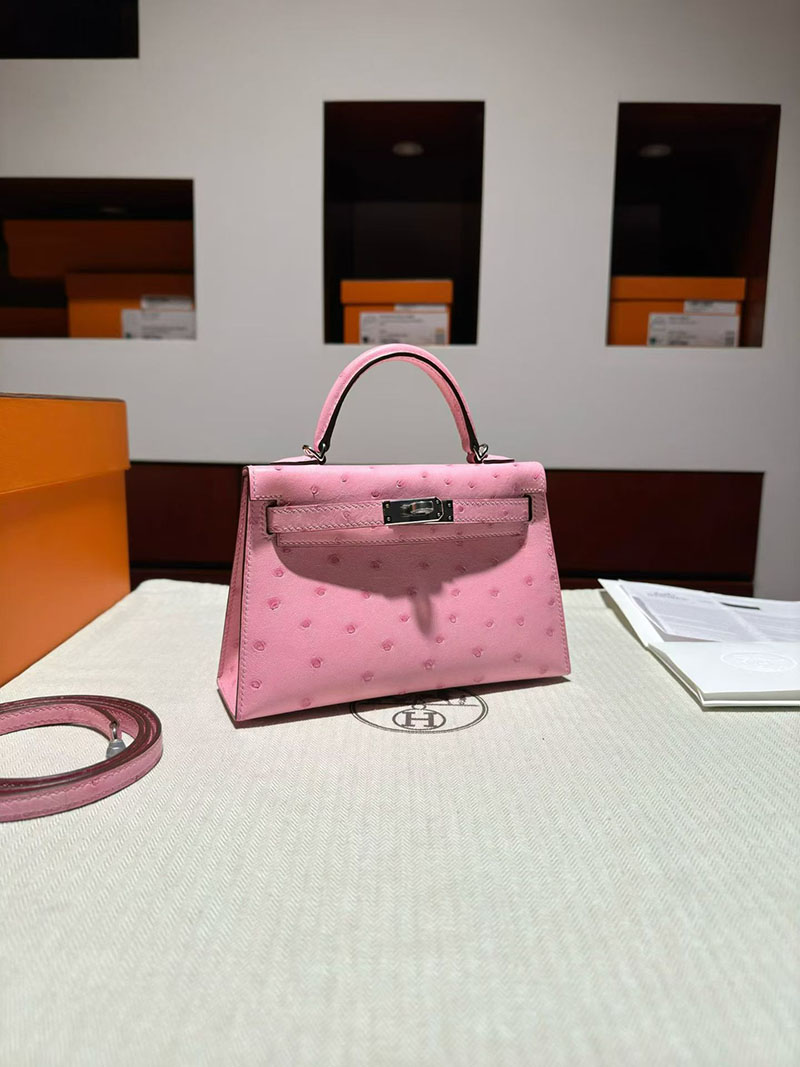 エルメス ケリーミニバッグ HERMES ケリーミニ2 外縫い ローズバブルガム ピンク オーストリッチ シルバー金具 2630368 エルメス バッグ ピンク - 画像 (4)