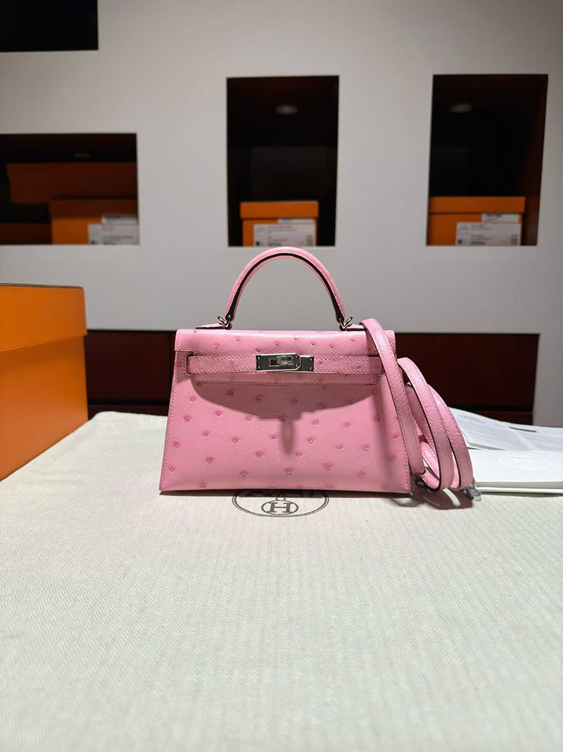 エルメス ケリーミニバッグ HERMES ケリーミニ2 外縫い ローズバブルガム ピンク オーストリッチ シルバー金具 2630368 エルメス バッグ ピンク - 画像 (3)