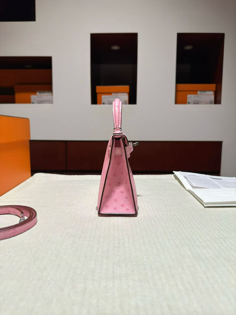 エルメス ケリーミニバッグ HERMES ケリーミニ2 外縫い ローズバブルガム ピンク オーストリッチ シルバー金具 2630368 エルメス バッグ ピンク - 画像 (2)