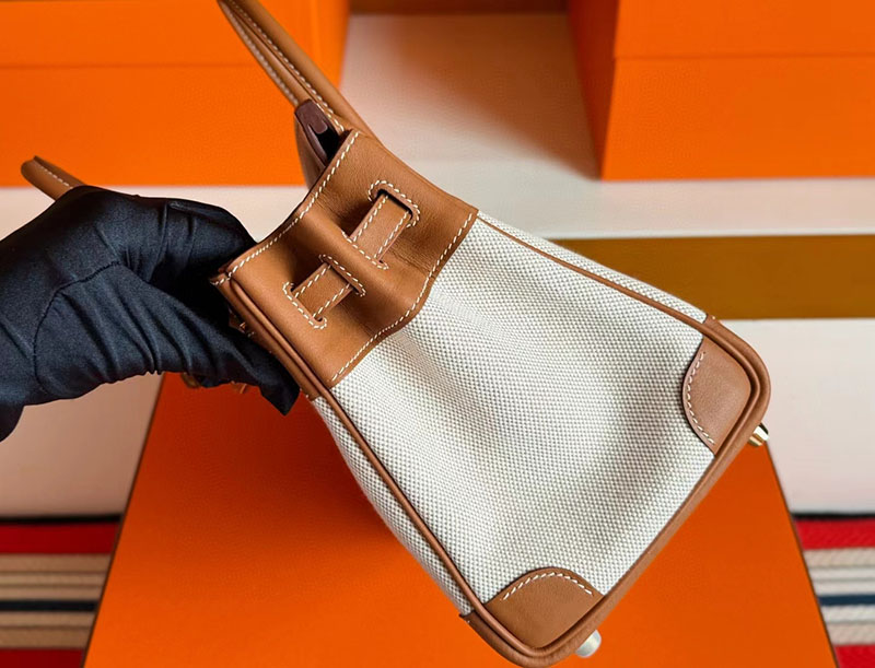 エルメス バーキンバッグ レディース HERMES バーキン25 ゴールド トワルアッシュ/スイフト ゴールド金具 2630378 バーキン風 バッグ - 画像 (9)