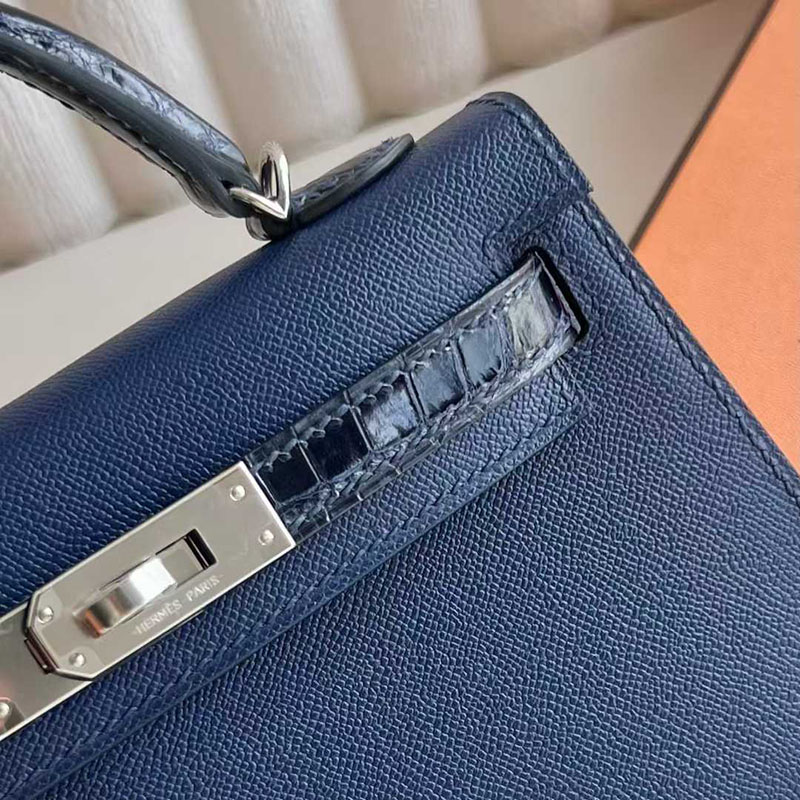 エルメス ミニケリー HERMES ケリーミニ2 外縫い ブルーサフィール/クロ ヴォーエプソン/クロコ シルバー金具 26210446 エルメス 新作バッグ - 画像 (9)