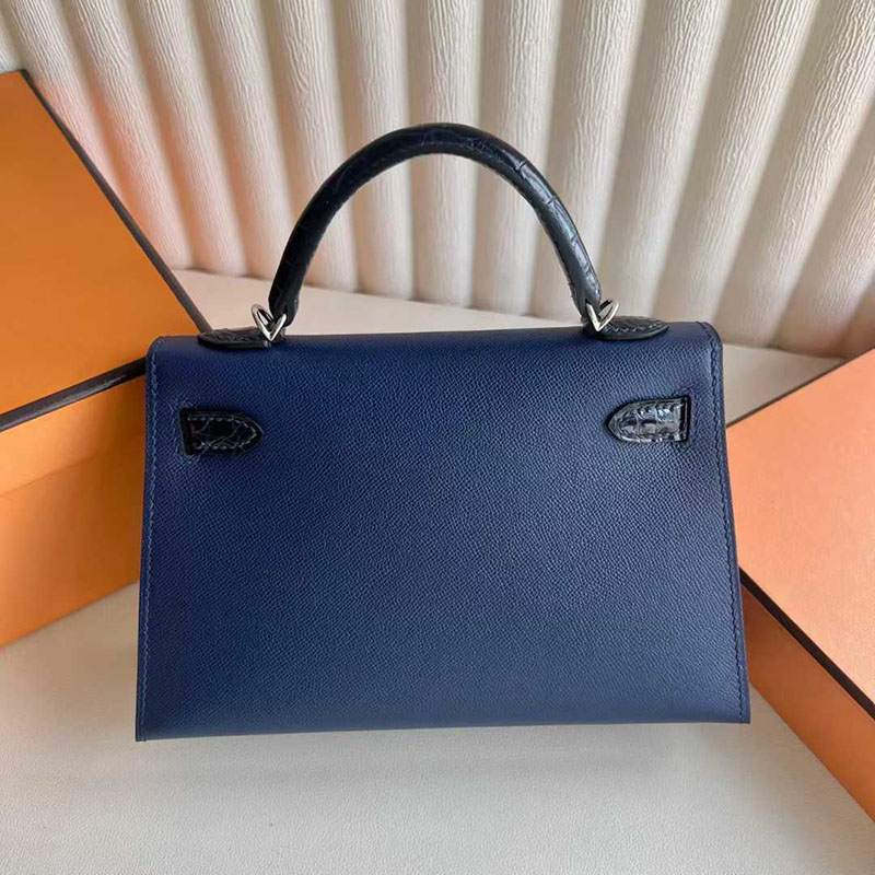 エルメス ミニケリー HERMES ケリーミニ2 外縫い ブルーサフィール/クロ ヴォーエプソン/クロコ シルバー金具 26210446 エルメス 新作バッグ - 画像 (8)