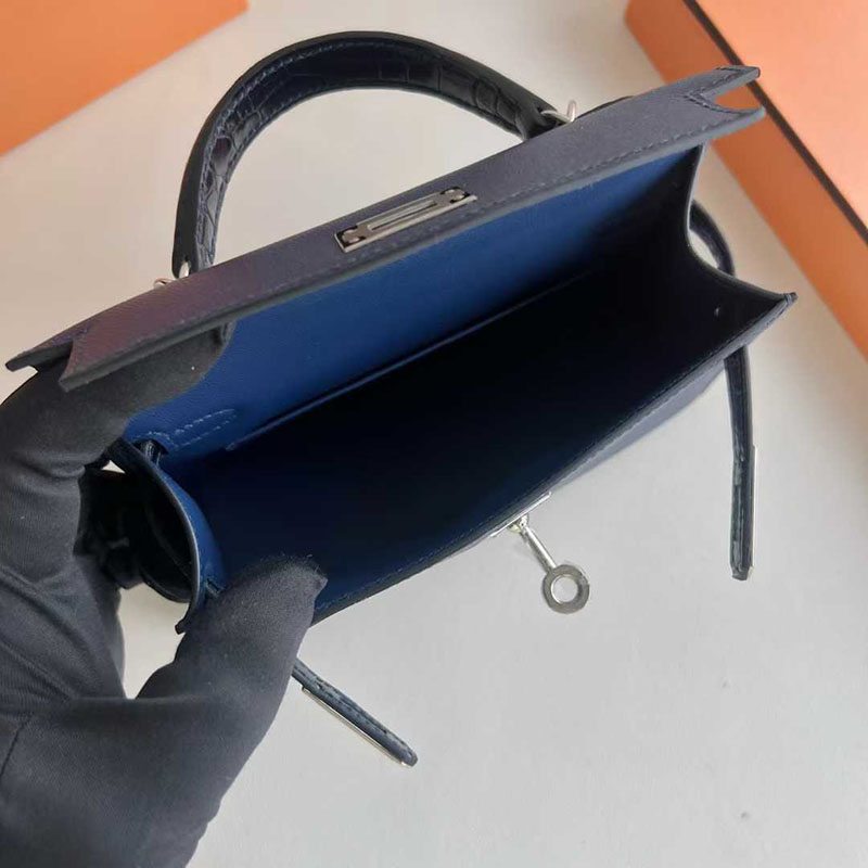 エルメス ミニケリー HERMES ケリーミニ2 外縫い ブルーサフィール/クロ ヴォーエプソン/クロコ シルバー金具 26210446 エルメス 新作バッグ - 画像 (5)