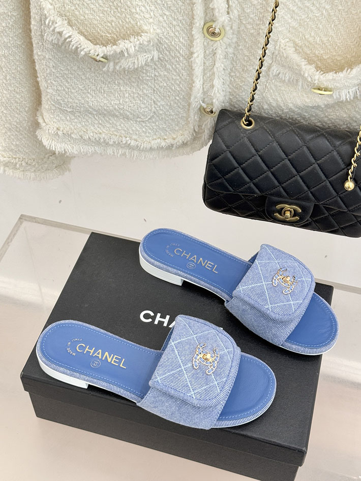 最高級シャネルスーパーコピー CHANEL CCロゴ ミュール コットン ビジュー ターンロック ブルー 2631008 シャネル ヒール サンダル - 画像 (8)