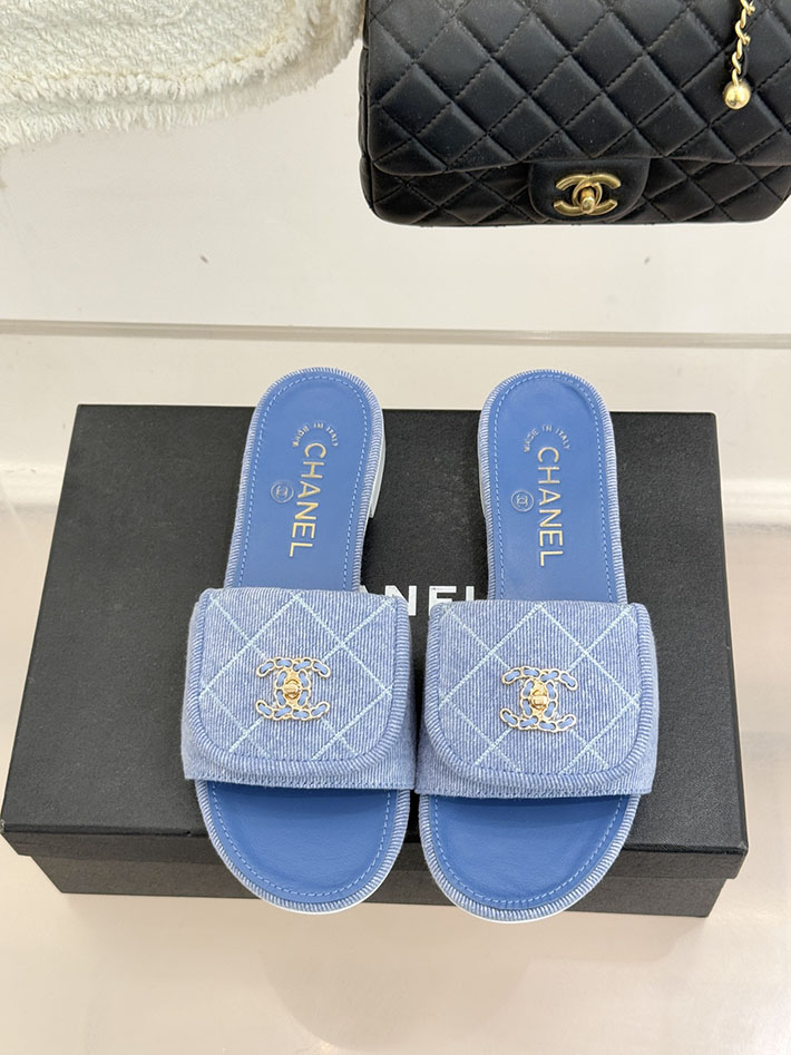 最高級シャネルスーパーコピー CHANEL CCロゴ ミュール コットン ビジュー ターンロック ブルー 2631008 シャネル ヒール サンダル - 画像 (7)