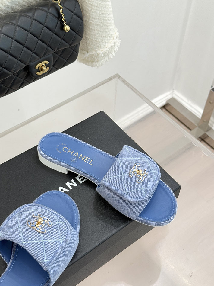 最高級シャネルスーパーコピー CHANEL CCロゴ ミュール コットン ビジュー ターンロック ブルー 2631008 シャネル ヒール サンダル - 画像 (6)