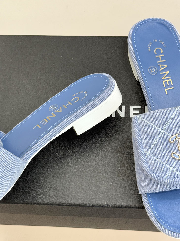 最高級シャネルスーパーコピー CHANEL CCロゴ ミュール コットン ビジュー ターンロック ブルー 2631008 シャネル ヒール サンダル - 画像 (5)