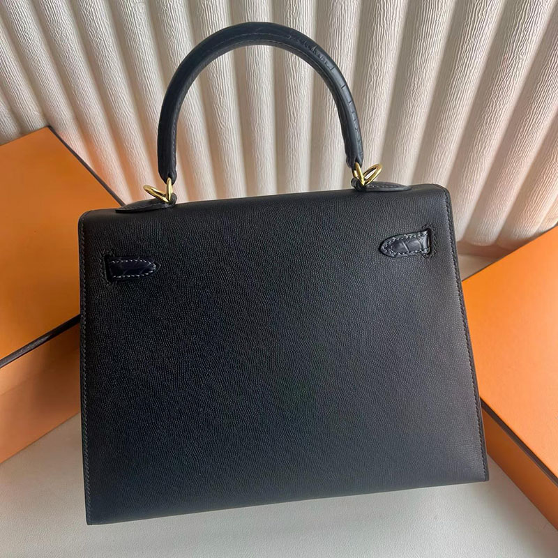 HERMES ケリー25 外縫い 黒/ブルーインディゴ ヴォーエプソン/クロコダイル ゴールド金具 H082322CC89 ケリー25 タッチ - 画像 (8)